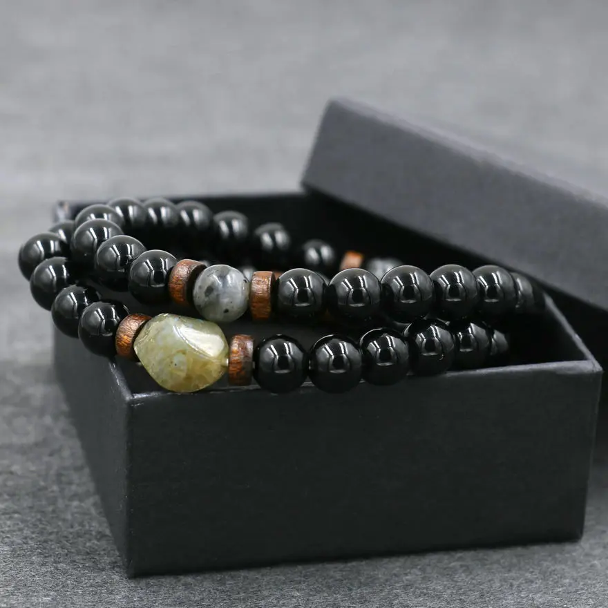 

Luxury Jewelry 2pcs/set Natural Glitter Stone Bracelets Men Chakra Beads Bracelet For Women Moonstone pulseras hombre With Box