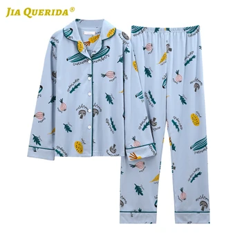 

Ladies Turn Down Collar Long Sleeve Long Pants Sleepwear Fashion Style Casual Style Pijamas Set Woman Clothes Spring Autumn