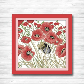 

Poppy and mouse Plant paintings dmc 14CT 11CT counted cross stitch kits embroidery set Needlework Set chinese cross stitch