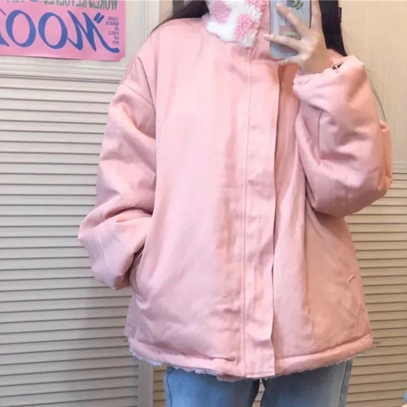 Double-sided Fuzzy Woolen Jackets Plus Size Autumn Winter Faux Fur Coat Women Cotton-padded Jacket Cow Print Outerwear Cute