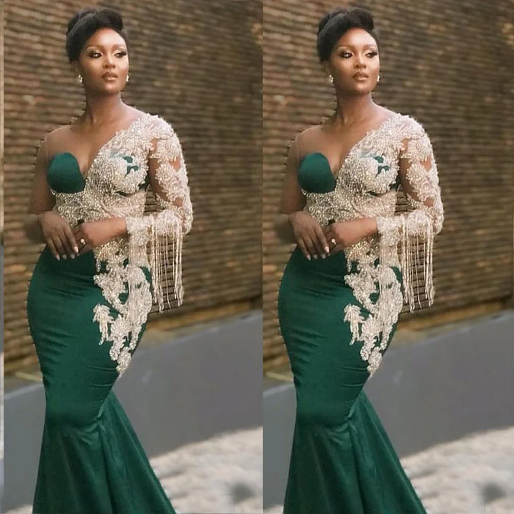 WUZHIYI Aso Ebi Африканское зеленое атласное платье с бисером для выпускного вечера