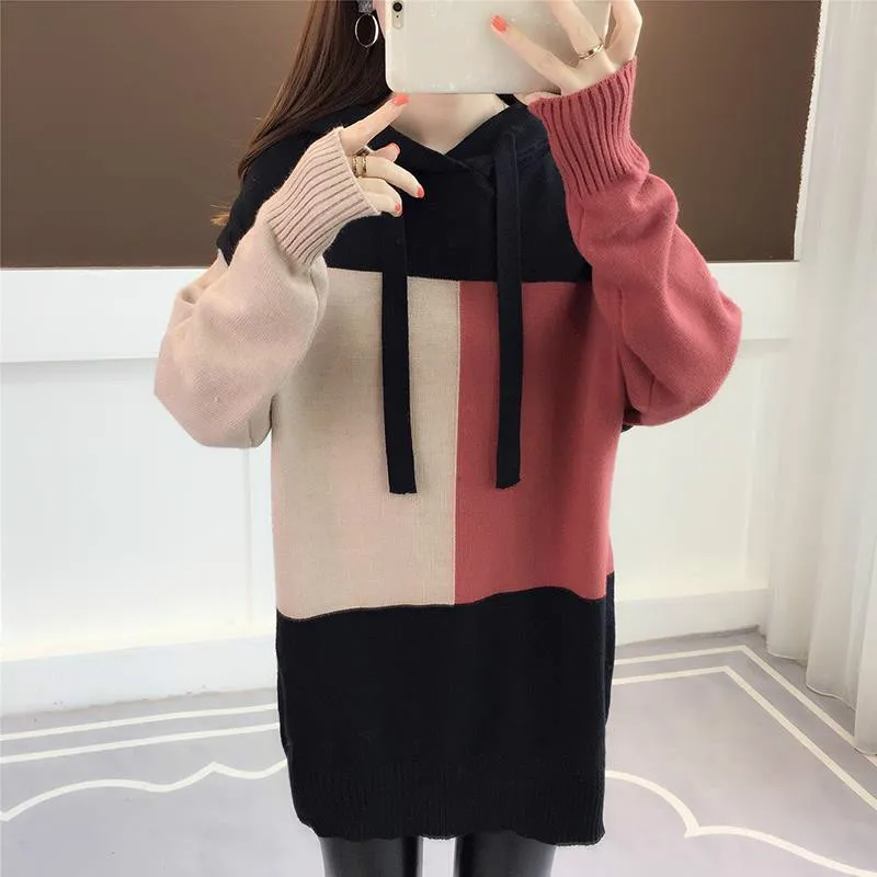 Neploe Pull Femme контрастный цвет женский зимний свитер длинный рукав с капюшоном Теплый трикотаж джемпер трикотажные топы пуловеры 55343