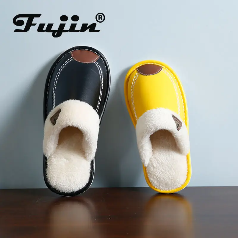 

fujin waterproof high quality leather slippers home indoor warm fur plush wool winter slippers shoes house for unisex women men