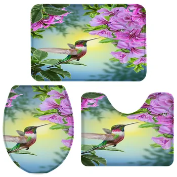 

3 Pieces Bathroom Set Plant Flower Hummingbirds Bath Set Toilet Cover Mat Pedestal Rug Non-Slip Bathroom Rug Set