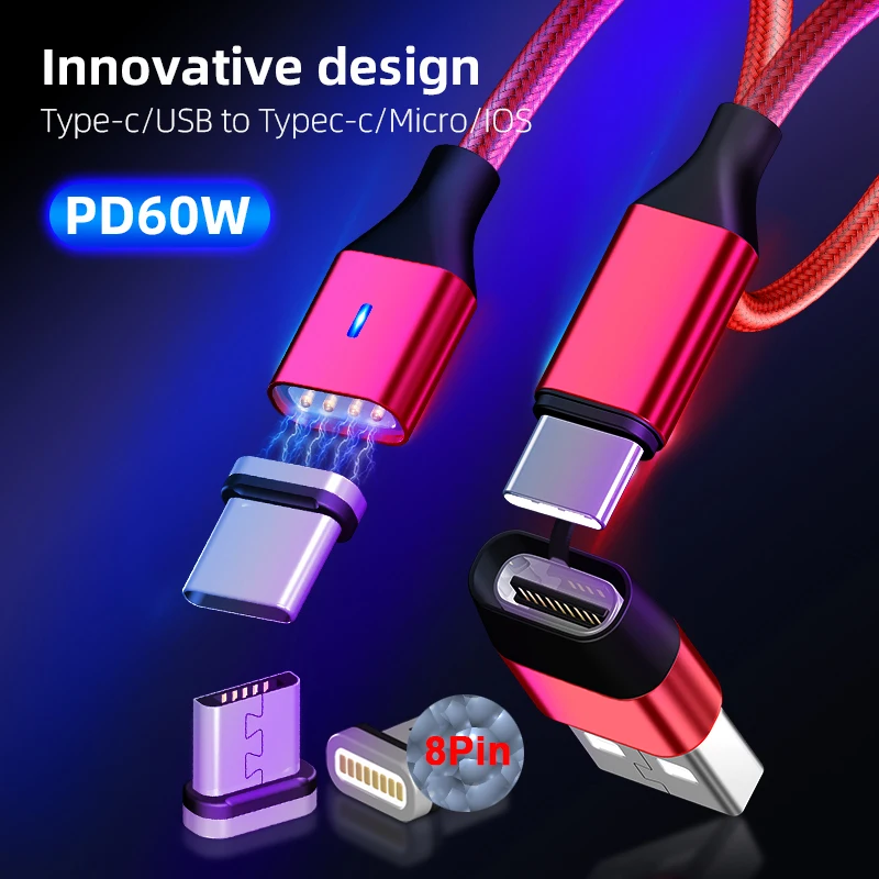4 в 1 Магнитный PD кабель 60 Вт Кабель Переходник USB C на Type для быстрой зарядки