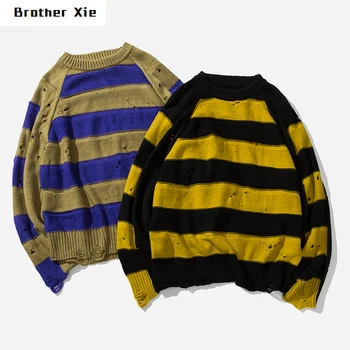 

Autumn New Sweater Men Fashion Contrast Color Casual Warm O-neck Sweater Pullover Man Streetwear Wild Loose Hole Striped Sweater