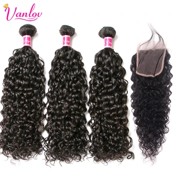 

Vanlov Water Wave Bundles With Closure PrePlucked With Baby Hair Malaysian 3 Human Hair Bundles With Closure Remy Hair Extension