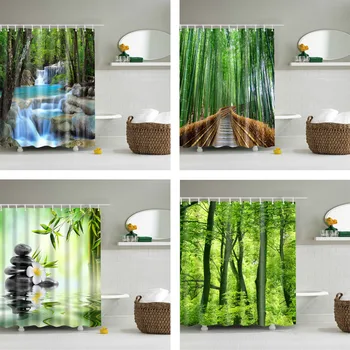 

Forest Trees Printed 3d Bath Curtains Waterproof Polyester Fabric Washable Bathroom Shower Curtain Screen with Hooks Accessories