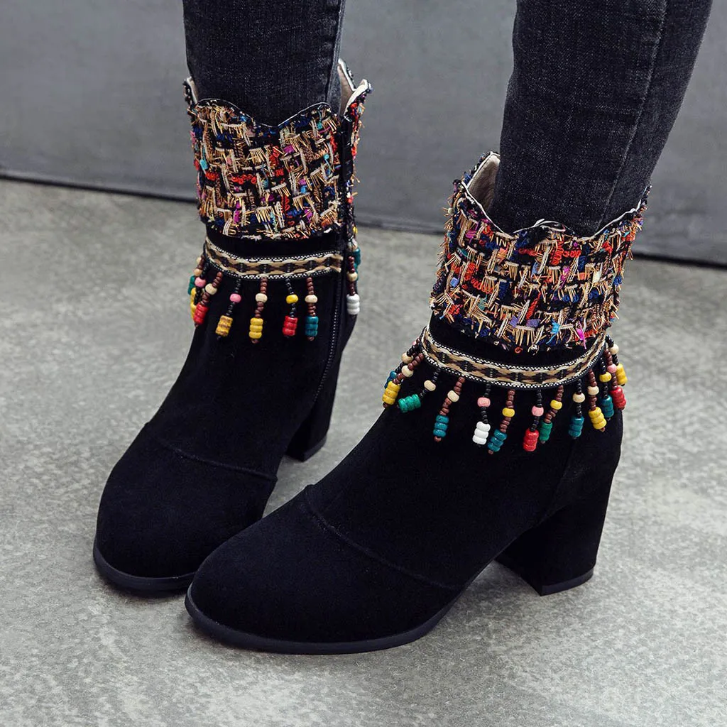 

2019 Fashion Runway Thick Sling Zipper Sock Boots Ethnic 4 Color Heel Thigh High Pointed Toe Woman Boot