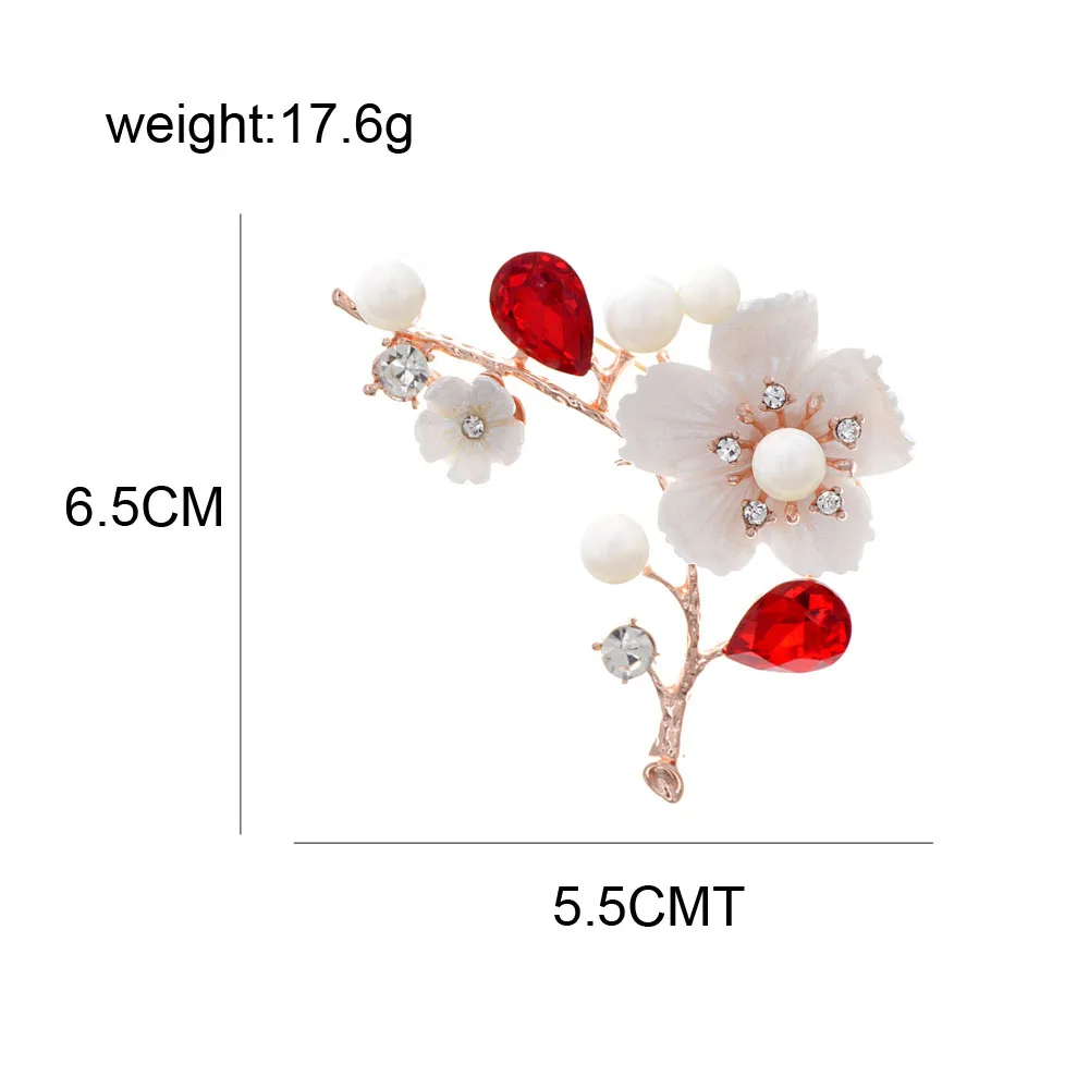 CINDY XIANG Shell And Pearl Flower Brooches For Women Elegant Fashion Pin Red Crystal Brooch Wedding Jewelry High Quality