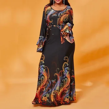 

Vintage African Women Long Dress Black Beaded Floral Print Prom Party Dresses Elegant Long Sleeve Summer A-Line Vestidos