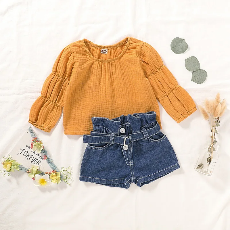 LOOZYKIT 2pcs Baby Girls Sets Children Clothes Long Sleeve Solid Cotton Linen Tops Denim Shorts Summer Toddler Girls Outfits Set