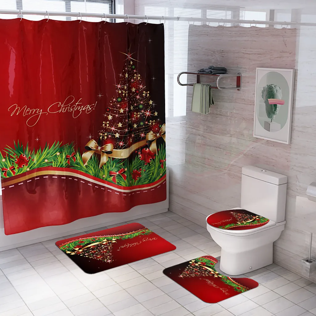 Новогодний Санта-Клаус, Рождественский принт, коврик для ванной комнаты и занавеска для душа, набор из четырех предметов, рождественские украшения для дома, Рождество