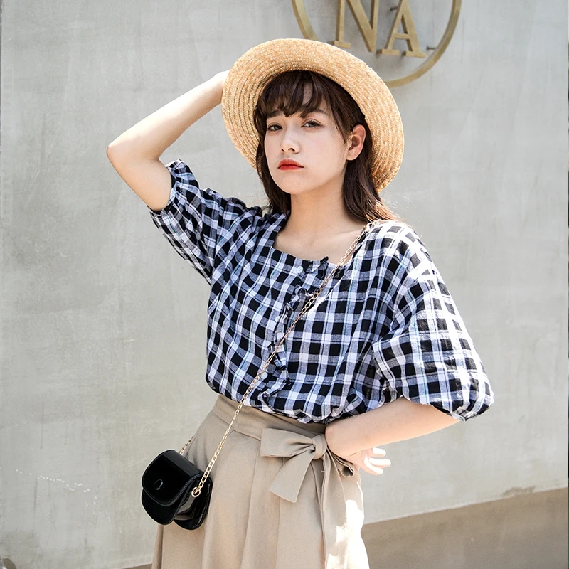 

Preppy Style Short Shirt Womens tops Summer Puff Sleeve Women shirts It All Mr Hague 7898