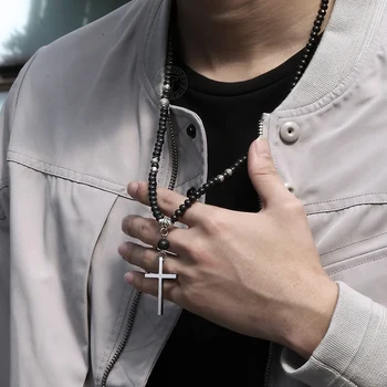 

Unique Stainless Steel Cross Crucifix Pendant Necklace for Men Boys Women Wooden Beads Long Pendants Necklace 28inch DN165