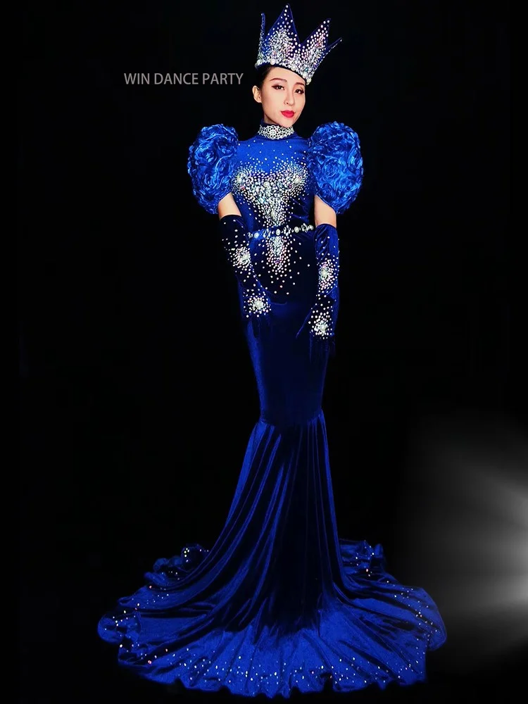 Crown Singer Stage ballroom Velvet Dance Costumes Evening skirt Party Long Tail Dresses Outfit Women Performance clothe Backless