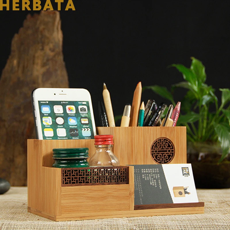 Multifunction Wooden & Bamboo Pen Pencil Holder Desktop Storage Box Retro Cosmetic Holder Creative