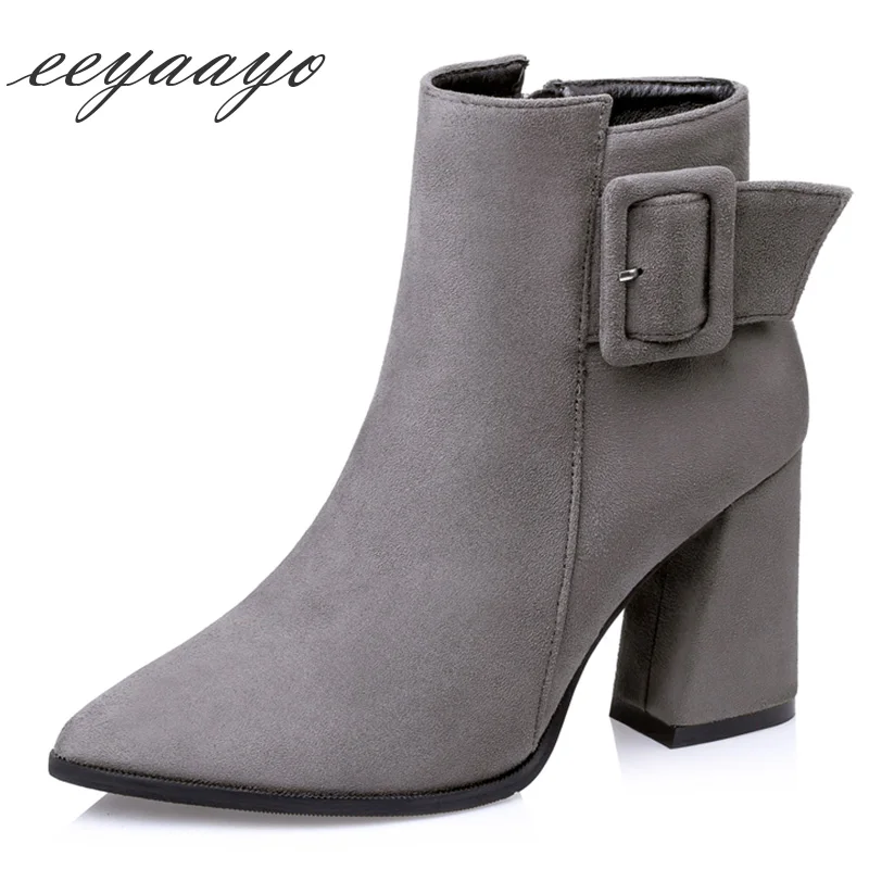 

2019 New Winter Women Ankle Boots High Square Heel Pointed Toe Zipper Buckle Solid Sexy Ladies Women Shoes Gray Short Boots