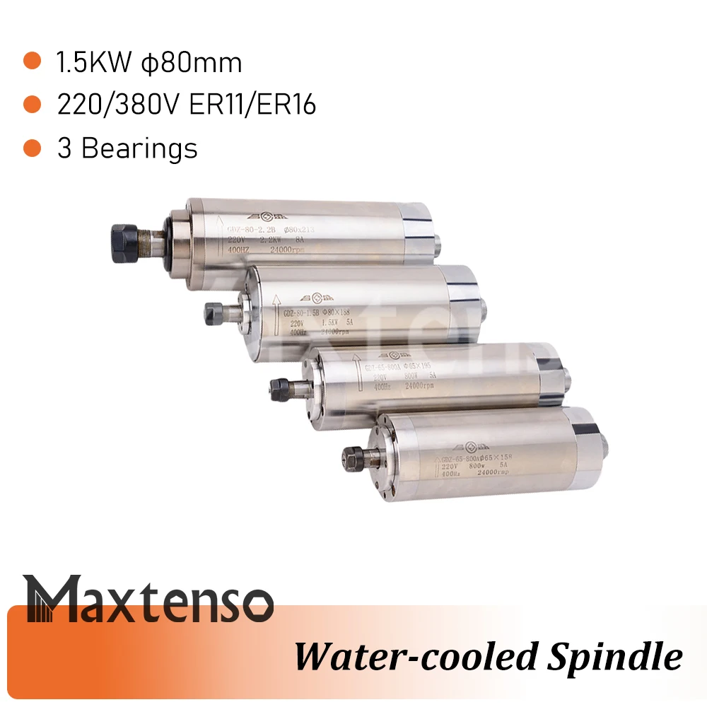 MAXTENSO 1.5KW Water Cooling Spindle motor 80MM 220V ER11 ER16 24000RPM Grind motor with 3 bearing for Milling Machine GDZ80-1.5