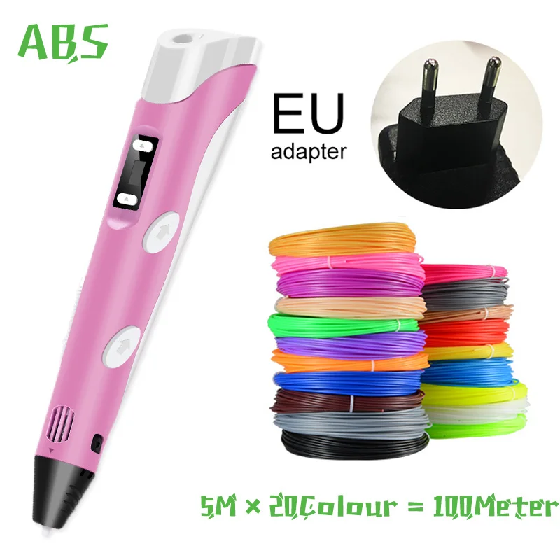 Продажа 3D Ручка, три D принтера, ручка для рисования с пластиком 100 м, PLA ABS нити, USB адаптер, подарок на день рождения, Оригинальные подарки