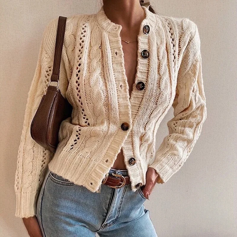

2020 Women's Sweater Coat New Semi-High Neck Single-breasted Jacket Pure Color Long Sleeve Large Size Retro Cardigan Sweater