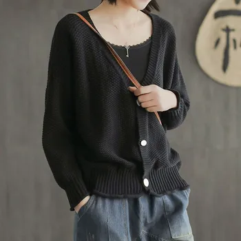 

Women Knitted Solid Color Cardigan Sweater Autumn Casual V-Neck Long Sleeve Crochet Knit Sweater Coat Female Sweater