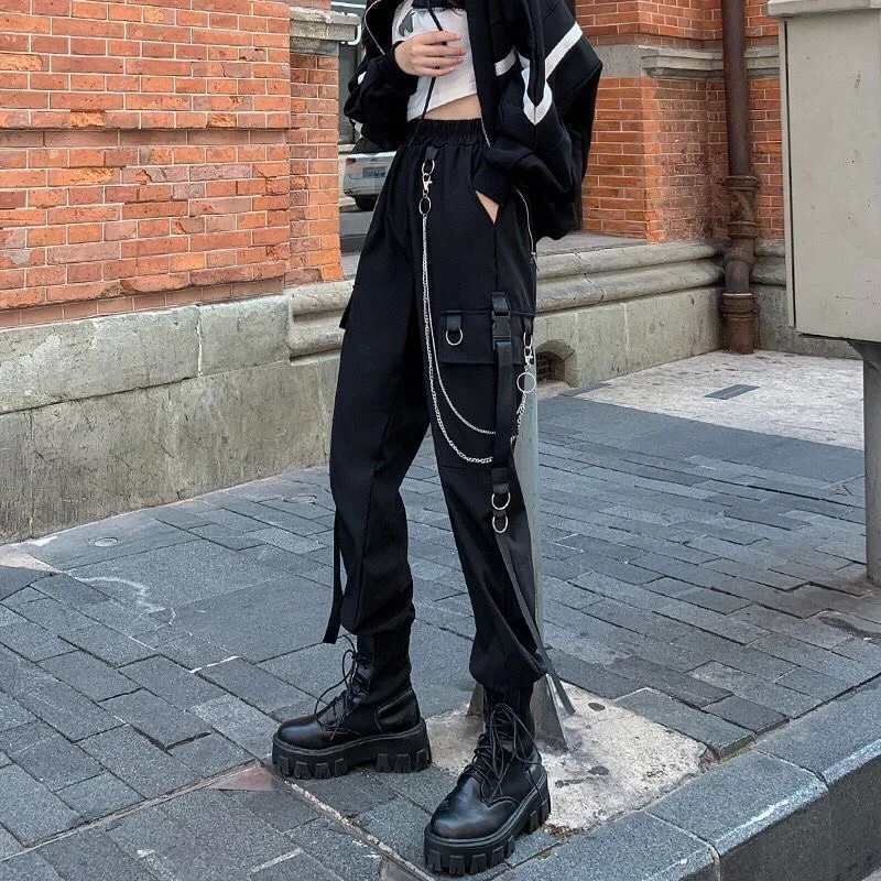 jean capris Gothic Women Cargo Pants Black Joggers High Waisted Harajuku Harem Pants Punk Goth Techwear Chain Trousers Female Hip Hop hot pants