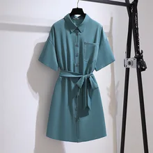 

Plus Size Solid Casual Dress Women 2022 Summer Turn-down Collar Short Sleeve Chiffon Mini Dresses Button Elegant Ladies Clothing