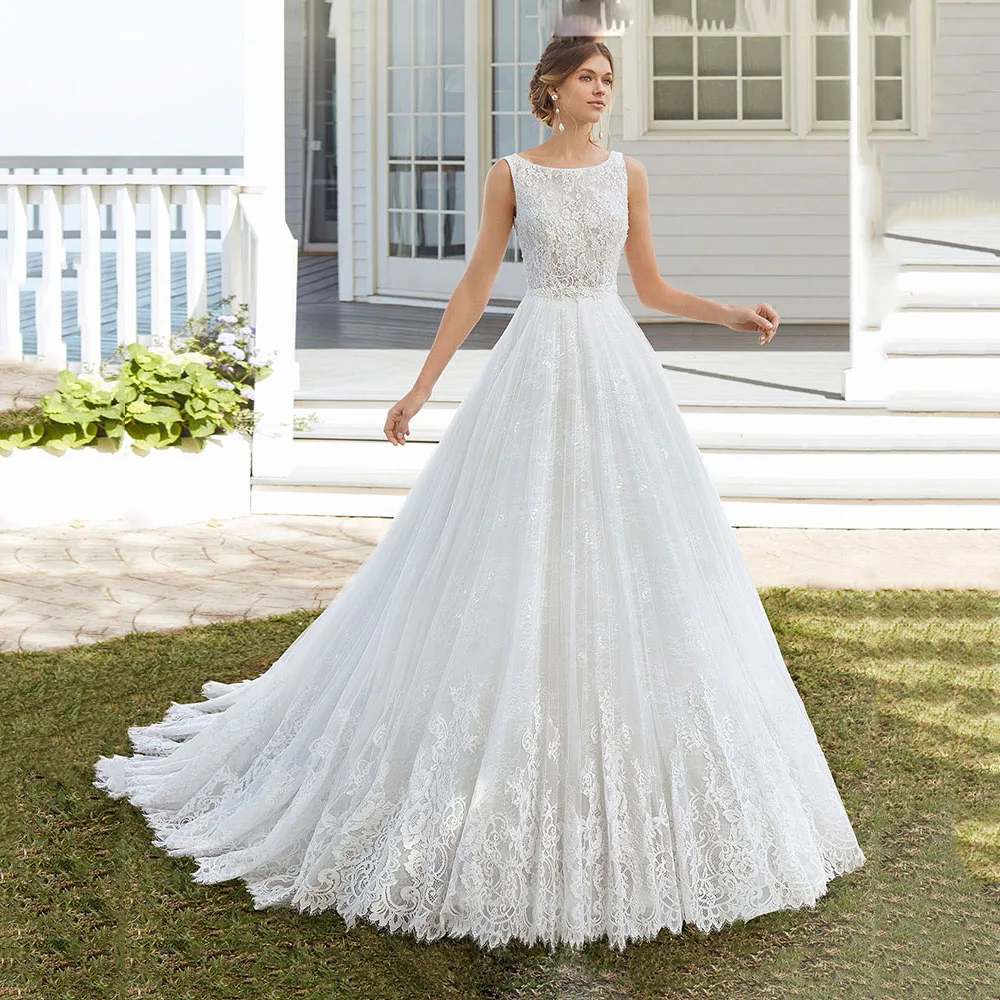 

Modest High Quality Ball Gown Wedding Dress Scoop Neck Lace Tulle Appliques Bride Dress vestido de noiva princesa