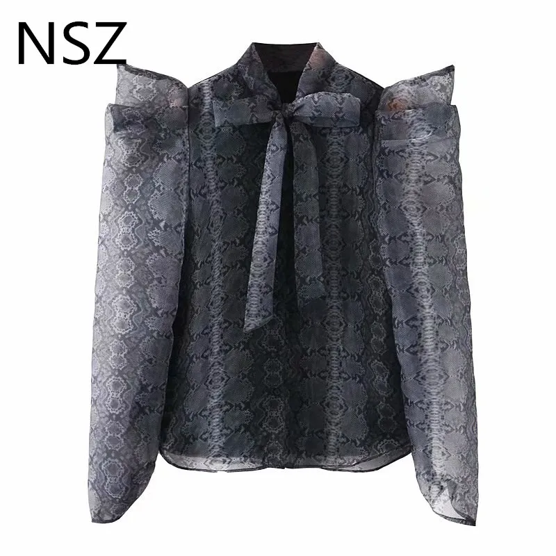 NSZ женская блузка с животным принтом змеиная органза буфами на рукавах