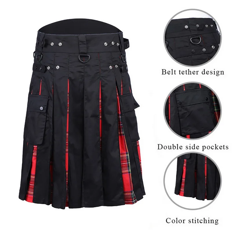 Black Friday DIHOPE 2020 New Scottish Men Kilt Traditional Plaid Belt Pleated Chain Bilateral Brown Gothic Punk Scottish Plaid Pants Skirts