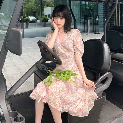 Dress Women Puff Sleeve Print Lovely All-match Students Pink Ins Summer Ulzzang Casual Chiffon V-Neck Soft Breathable Popular BF casual dresses Dresses