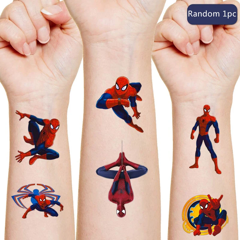 Pegatina de tatuaje de Spiderman de Disney para niños, pegatina de decoración para fiesta de cumpleaños, pegatina de Marvel, figura de acción, regalo para niños de dibujos animados