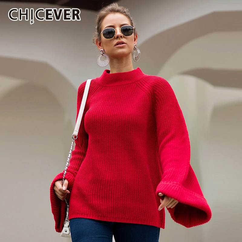 CHICEVER/Повседневные вязаные свитеры женские с круглым вырезом и расклешенными