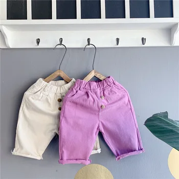 

WLG Girls Casual Pants Kids Ankle Length Spring Solid Pant Spring Summer Beige Purple Trousers Baby Girl All Match Clothes