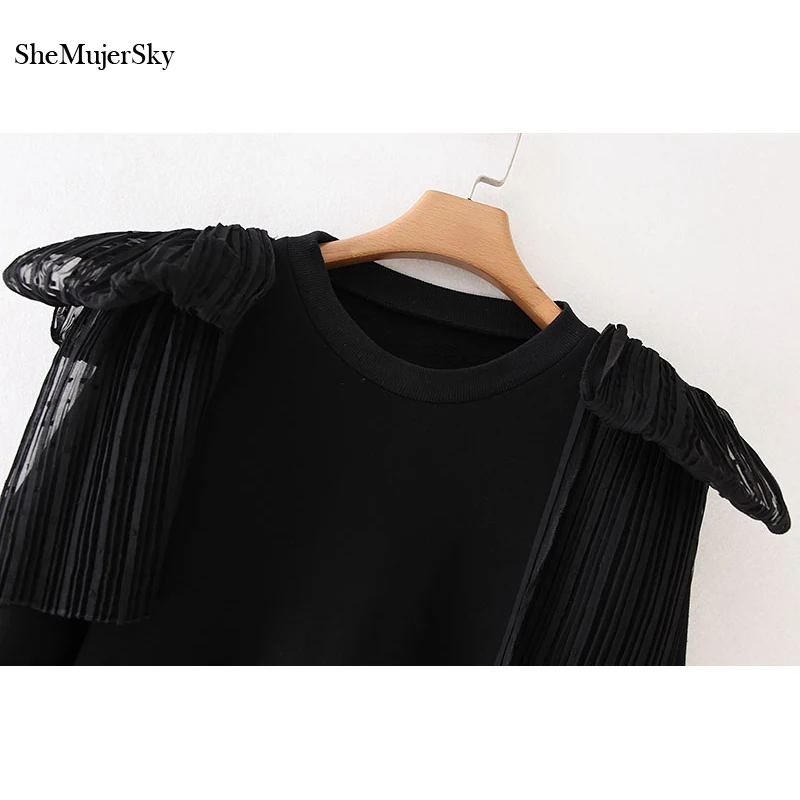 SheMujerSky женский черный свитер осень зима o-образным вырезом плетение сетки лук толстовки с галстуком пуловеры