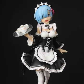 

23cm From Scratch Rem Girl Anime Figure Maid Outfit Rem Holding A Tray Dragging Meteor Hammer Action Figure Collect Children Toy