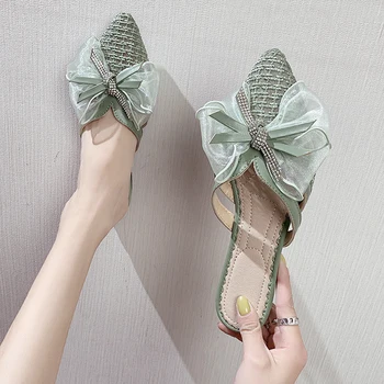 

Butterfly-knot Cover Toe Female Shoes Slippers Casual Loafers Low Slides Lady Pointed 2020 Luxury Flat Girl Basic PU Fabric