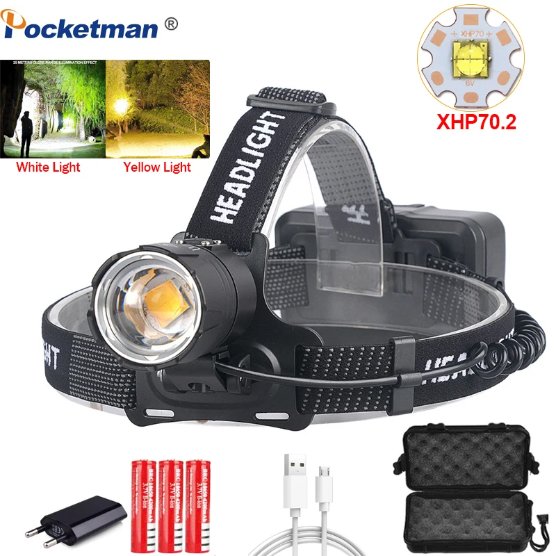 

Most Powerful XHP70.2 Led Headlamp XHP70 Yellow or White Led Headlight Fishing Camping ZOOM Torch Use 3*18650 batteries