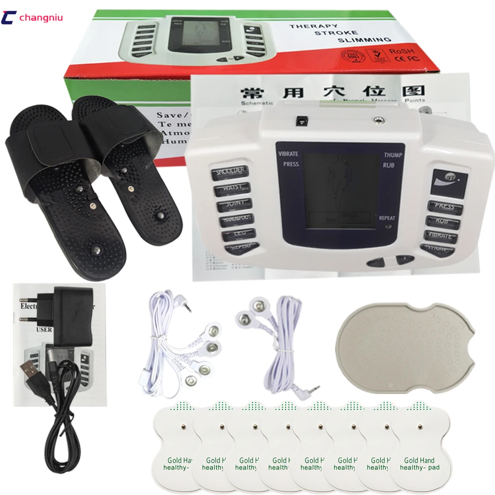 Новая русская кнопка электрический мышечный Стимулятор расслабляющий мышечный массажер Пульс Tens акупунктурная терапия тапочки+ 8 подушечек+ коробка