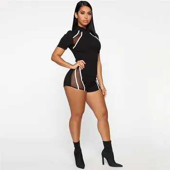 

women fitness Playsuits Short Sleeve turtleneck zipper Hollow Out letter print patchwork bodysuit sporting skinny outfits