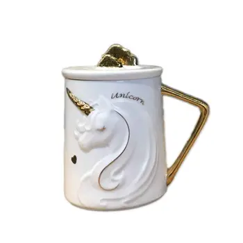 

300-400ml Ins Unicorn Mug Cup with Lid Spoon Embossed Ceramic Coffee Mug Mobile Phone Holder Milk Breakfast Festival gift Cup