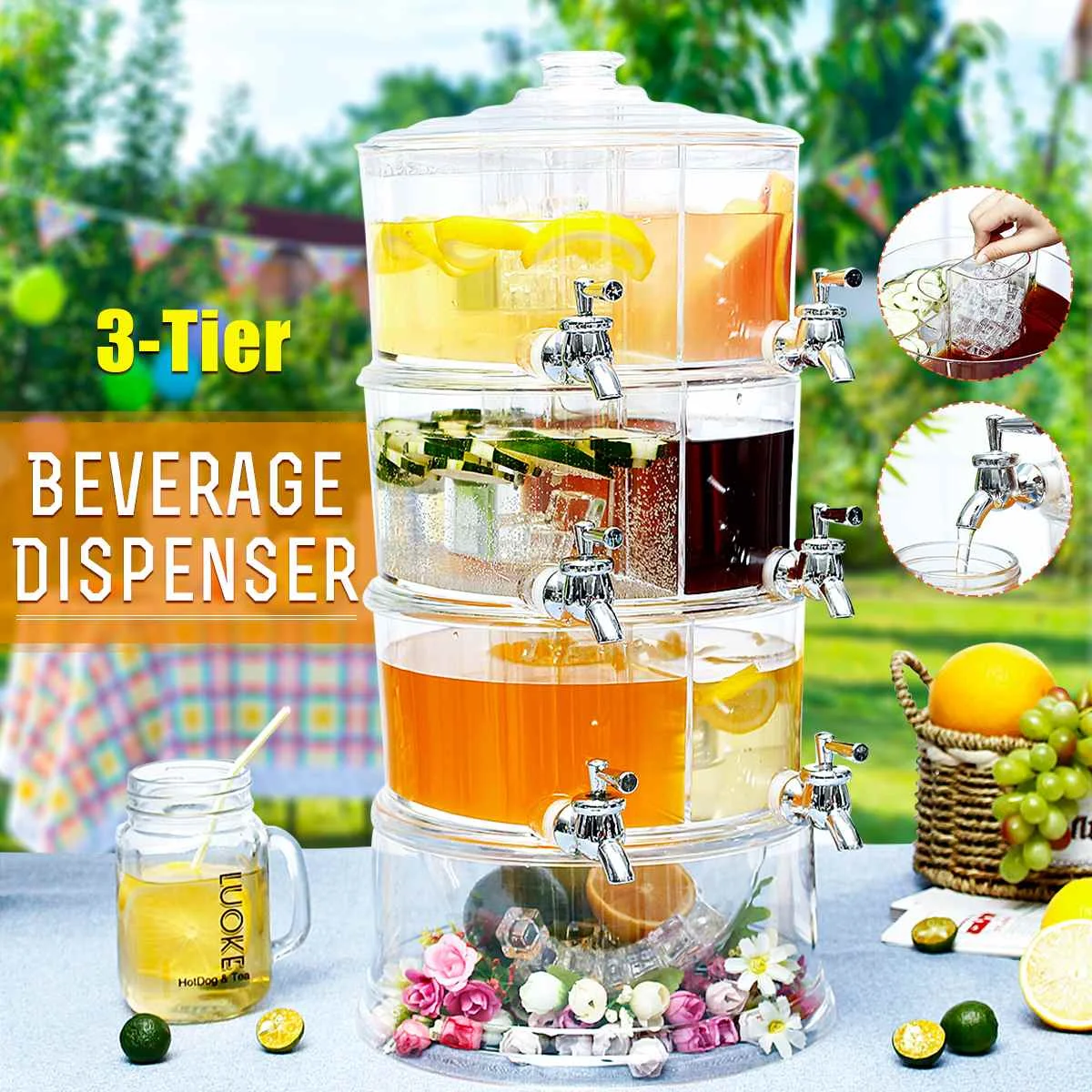

3 Tiers Cold Drink Juice Dispenser Clear Iced Beverage Holder Party Kitchen Bar Tools Commercial Juice Maker Large Capacity