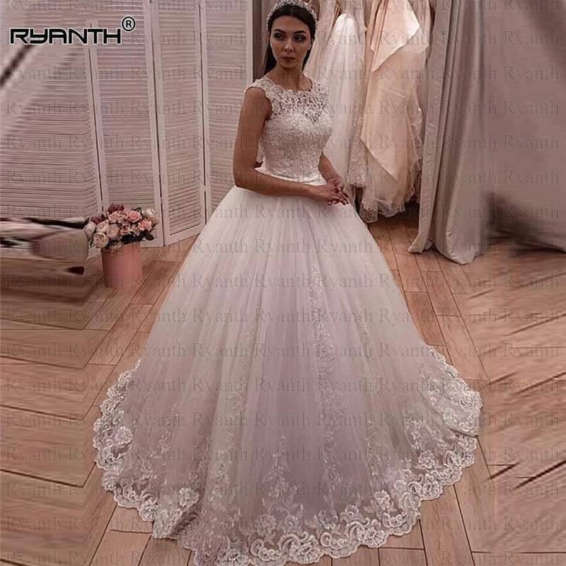 

Vestido de noiva 2019 Hot Sale Sleeveless Lace Ball Gown Wedding Dress Custom Made Lace Up Back Robe de soiree