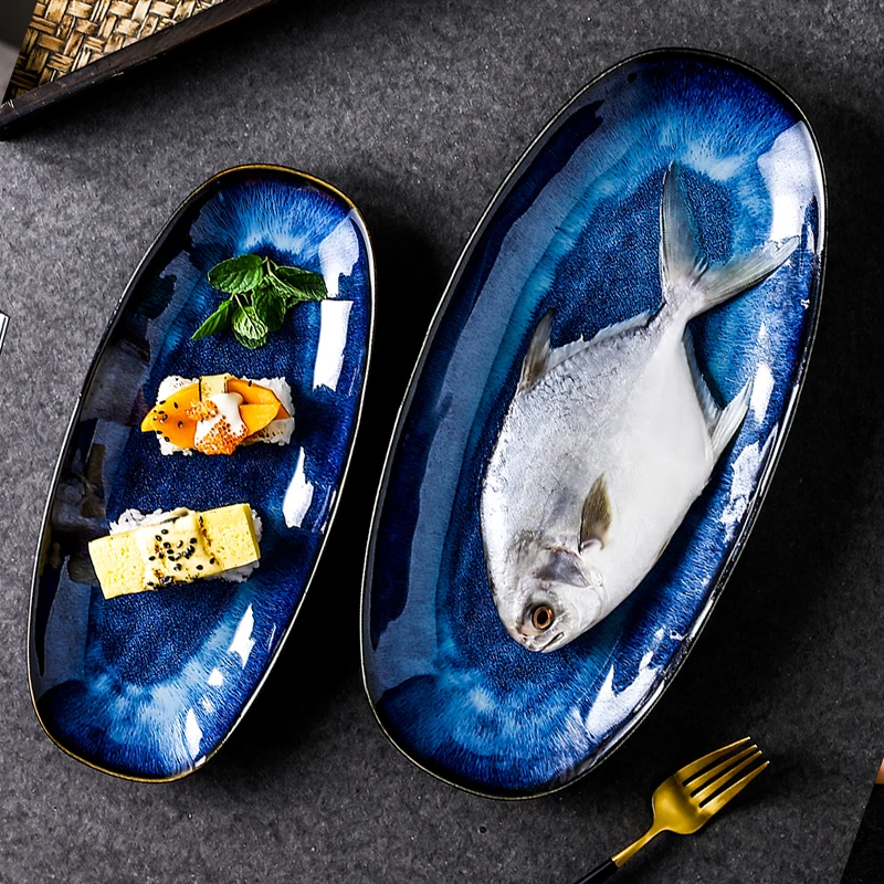 ANTOWALL, японский стиль, сменная печь, кошачий глаз, синяя Рыбная тарелка, домашняя, на пару, Рыбная тарелка, большая глазурь, цвет, креативная тарелка для суши