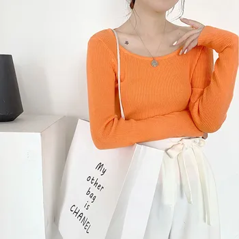 

Women Sweater Solid Color Long Sleeve Korean Style Sweaters Fashion Slim Soft Square Collar Knit Pullover Female