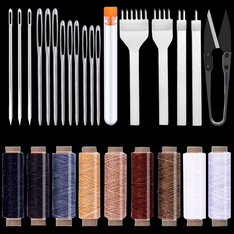 MIUSIE 26 Pcs Leather Sewing Tools Hand Hole Punches Lacing Stitching