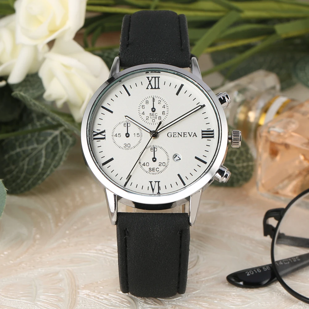 

New Arrvial White Dial Quartz Men Watch Classic Black Leather Band Round Dial With Roman Number Wristwatch Gifts For Dad Husband