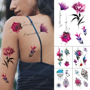 

Waterproof Temporary Tattoo Stickers Rose Lily Flower Leaf Color Flash Tattoos Female Arm Henna Thigh Body Art Fake Tatoo Male