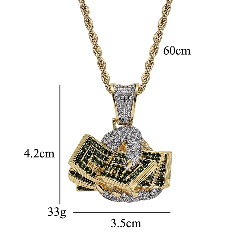 Men's Hip Hop Micro Paved Green AAA Cubic Zirconia Bling Ice Out Rich Holding Dollars Money Pendants Necklace - Rapper Jewelry image 2
